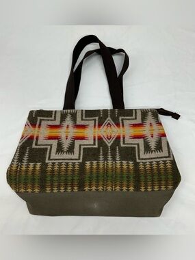 Pendleton Olive and Brown Aztec-Style Woven Tote with Red Accent